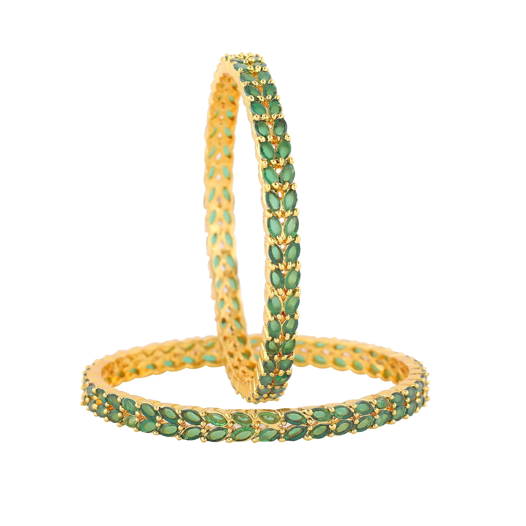 Estele Gold Plated Intricate Leafy Designer 2:6 Size Bangles with Green American Diamonds| Graceful Designer Jewelry for Women