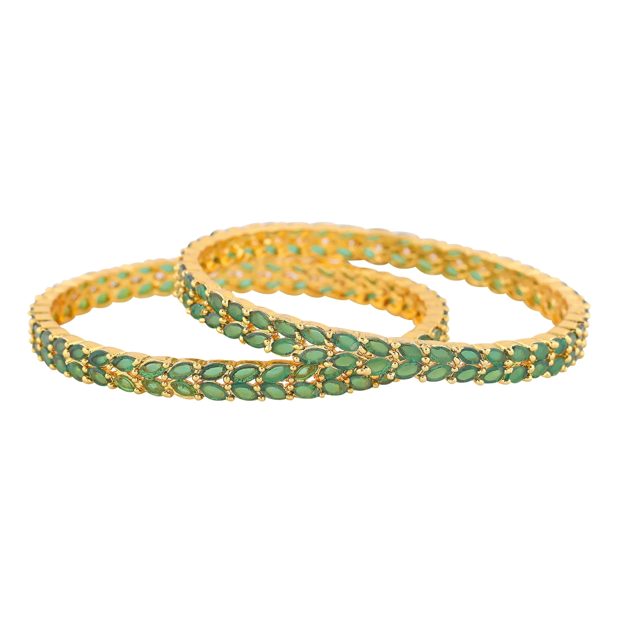 Estele Gold Plated Intricate Leafy Designer 2:6 Size Bangles with Green American Diamonds| Graceful Designer Jewelry for Women