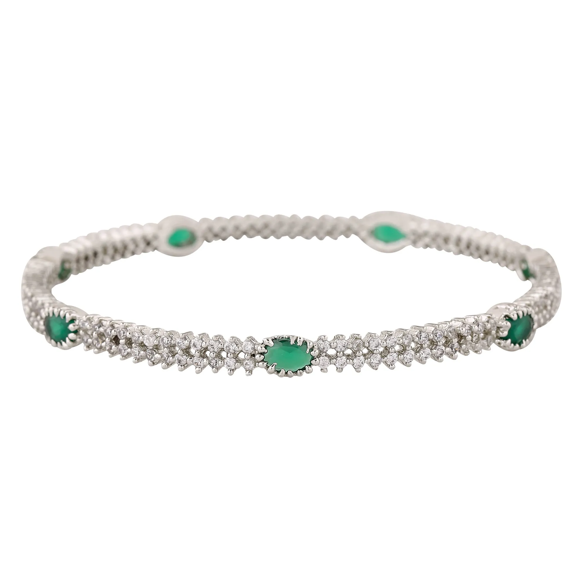 Estele Rhodium Plated Luxurious Green & White American Diamonds 2:6 Size Bangles| Modern & Graceful Jewelry for Women