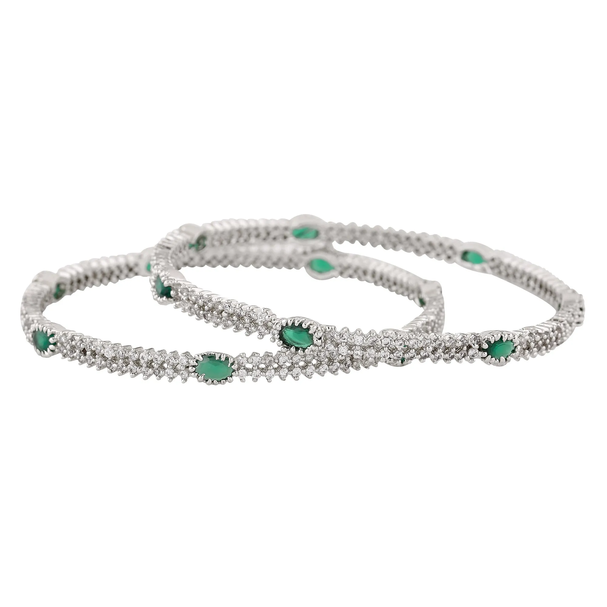 Estele Rhodium Plated Luxurious Green & White American Diamonds 2:6 Size Bangles| Modern & Graceful Jewelry for Women
