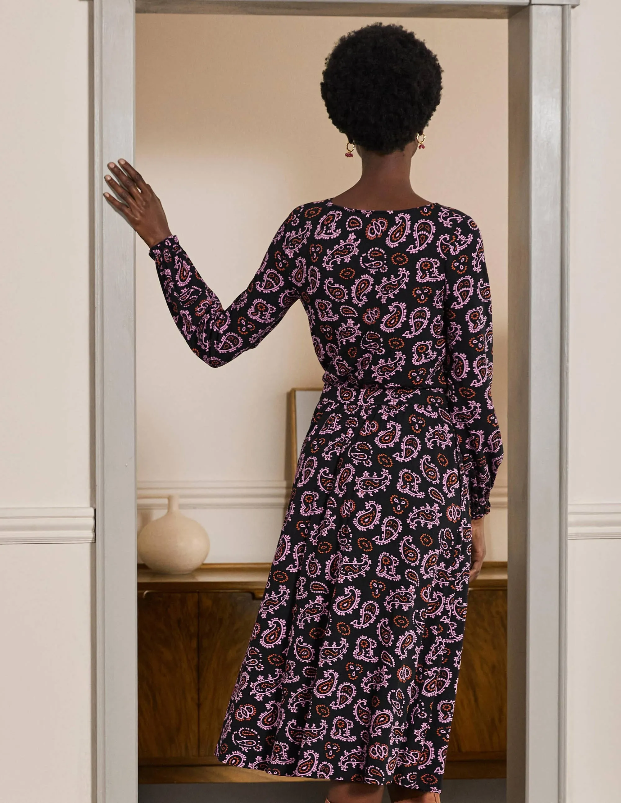 Evelyn Jersey Midi Dress-Azalea, Intricate Paisley