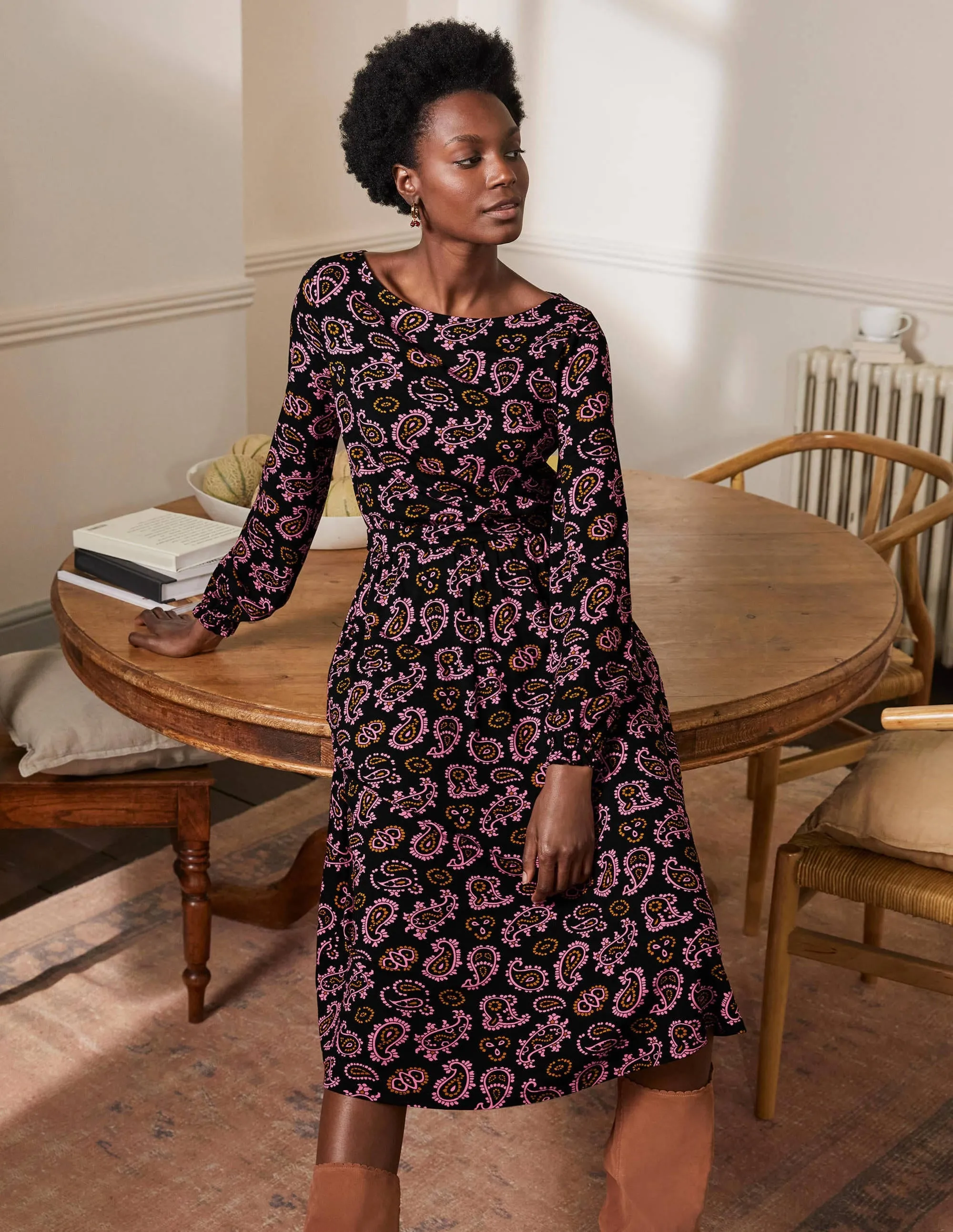 Evelyn Jersey Midi Dress-Azalea, Intricate Paisley