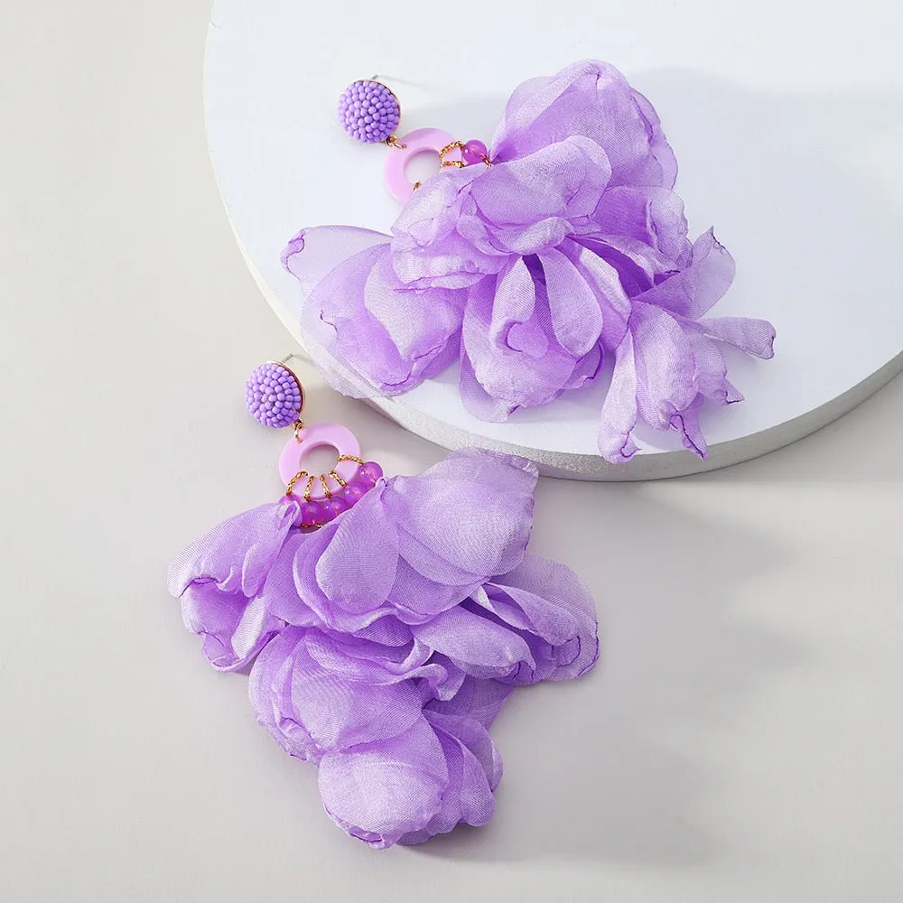 Fashion Elegant Rose Flower Petal Beaded Long Dangle Earrings For Women