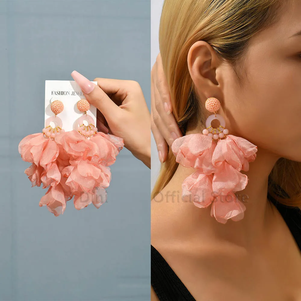Fashion Elegant Rose Flower Petal Beaded Long Dangle Earrings For Women