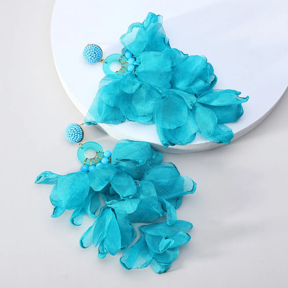 Fashion Elegant Rose Flower Petal Beaded Long Dangle Earrings For Women