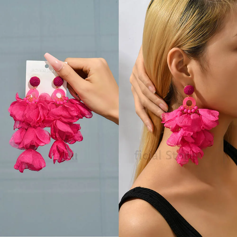 Fashion Elegant Rose Flower Petal Beaded Long Dangle Earrings For Women