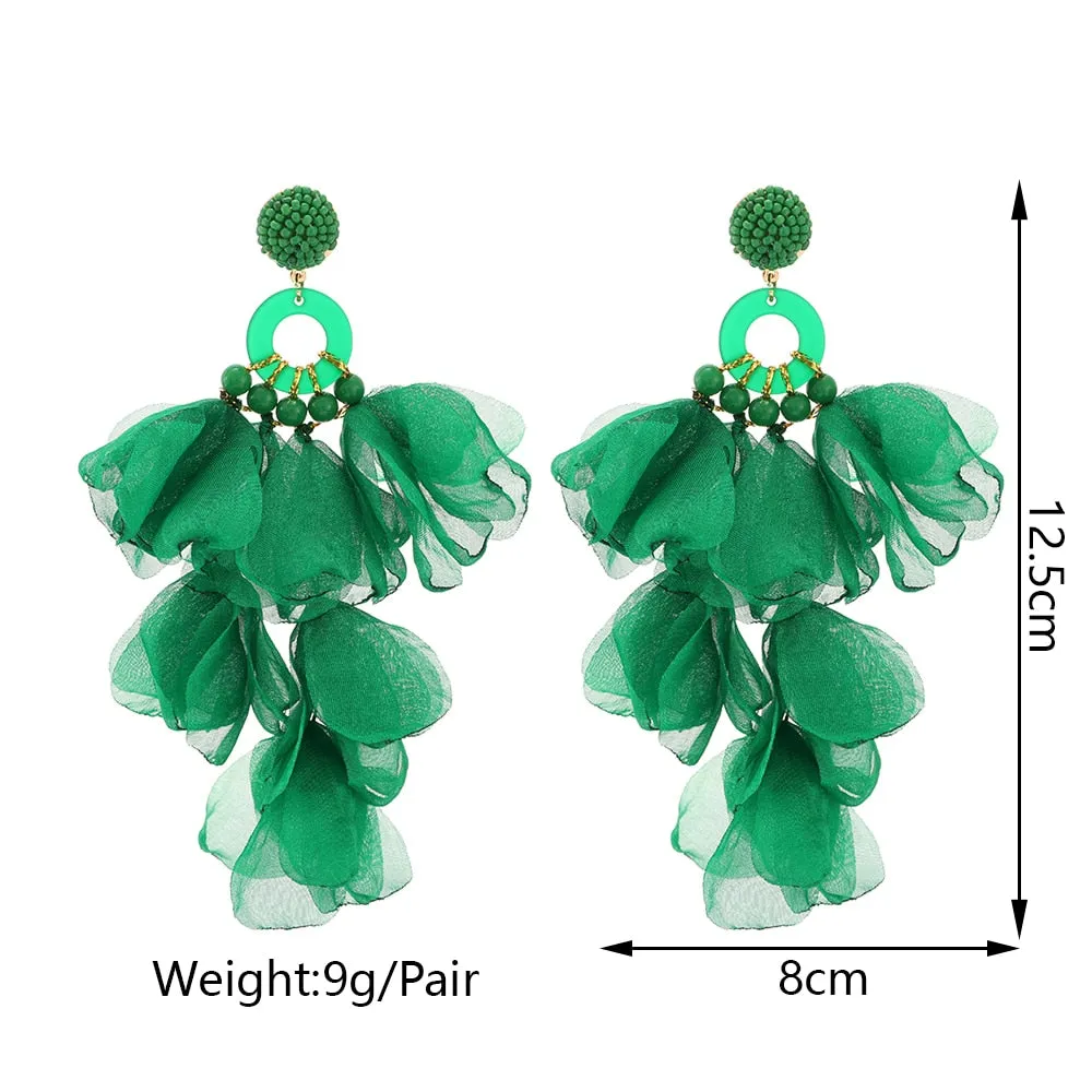 Fashion Elegant Rose Flower Petal Beaded Long Dangle Earrings For Women
