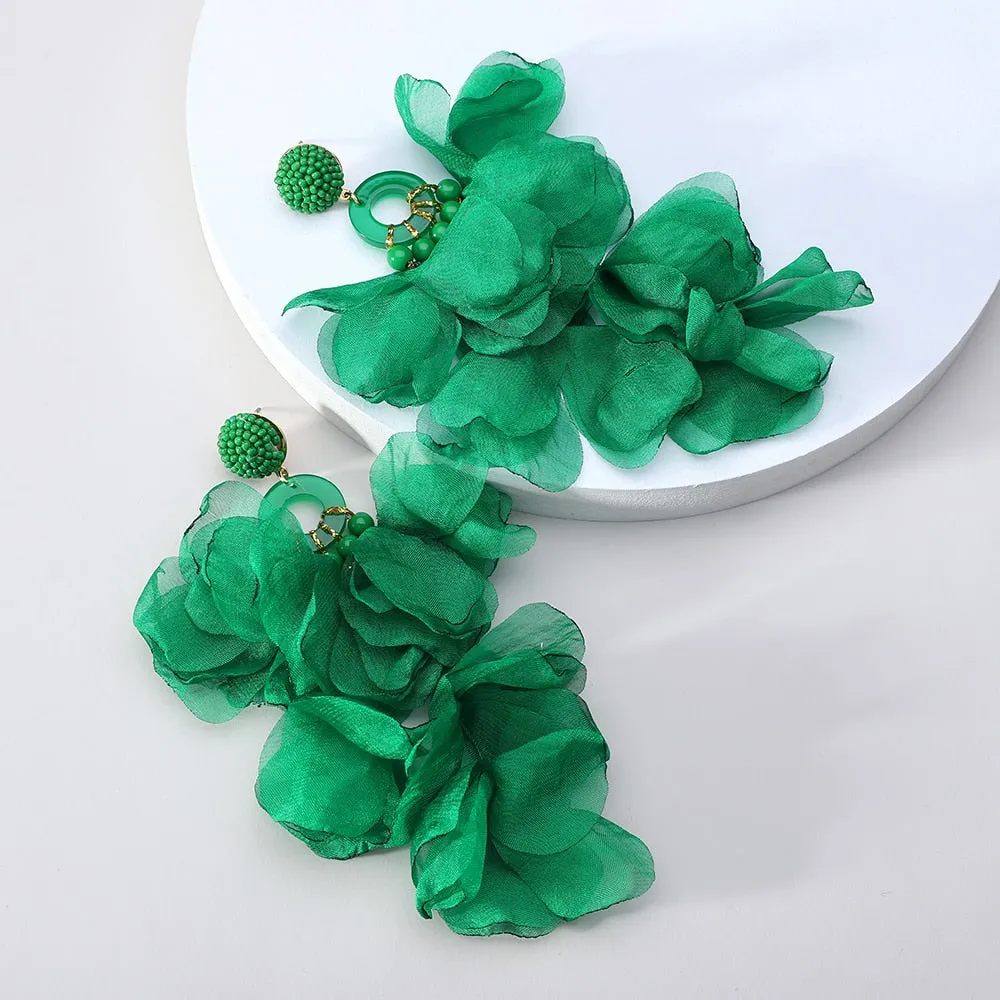 Fashion Elegant Rose Flower Petal Beaded Long Dangle Earrings For Women