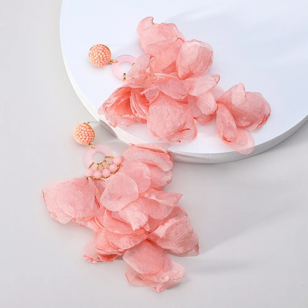 Fashion Elegant Rose Flower Petal Beaded Long Dangle Earrings For Women