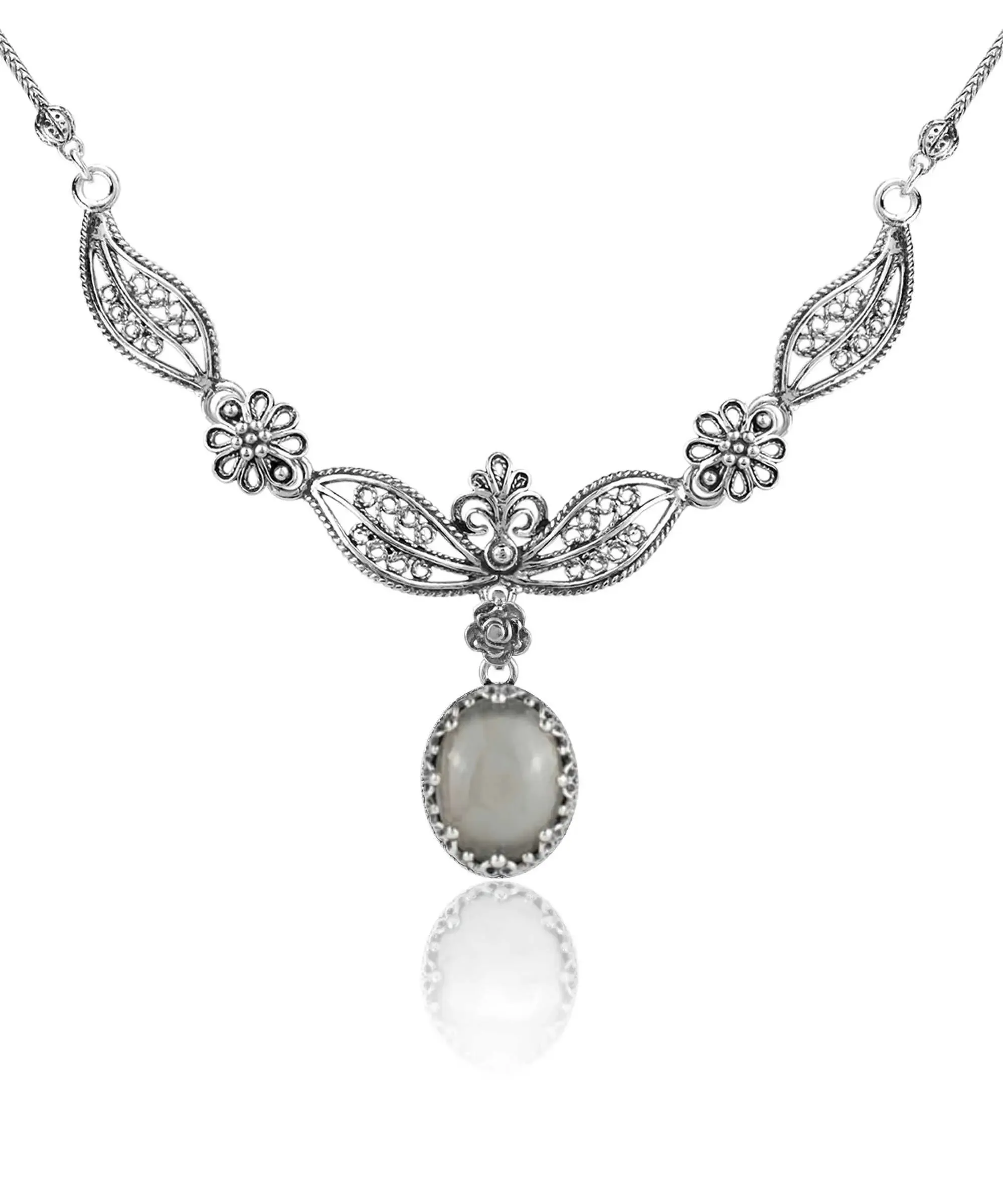 Filigree Art Gray Moonstone Gemstone Women Silver Princess Necklace