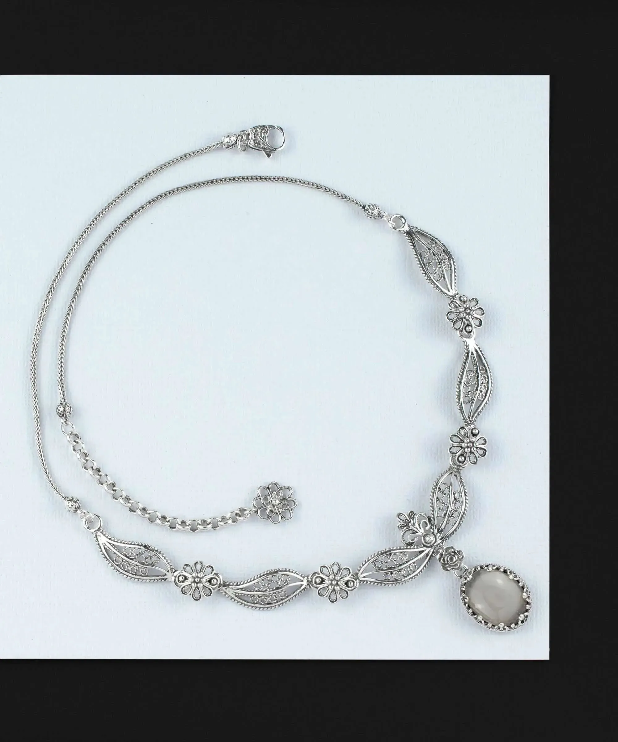 Filigree Art Gray Moonstone Gemstone Women Silver Princess Necklace