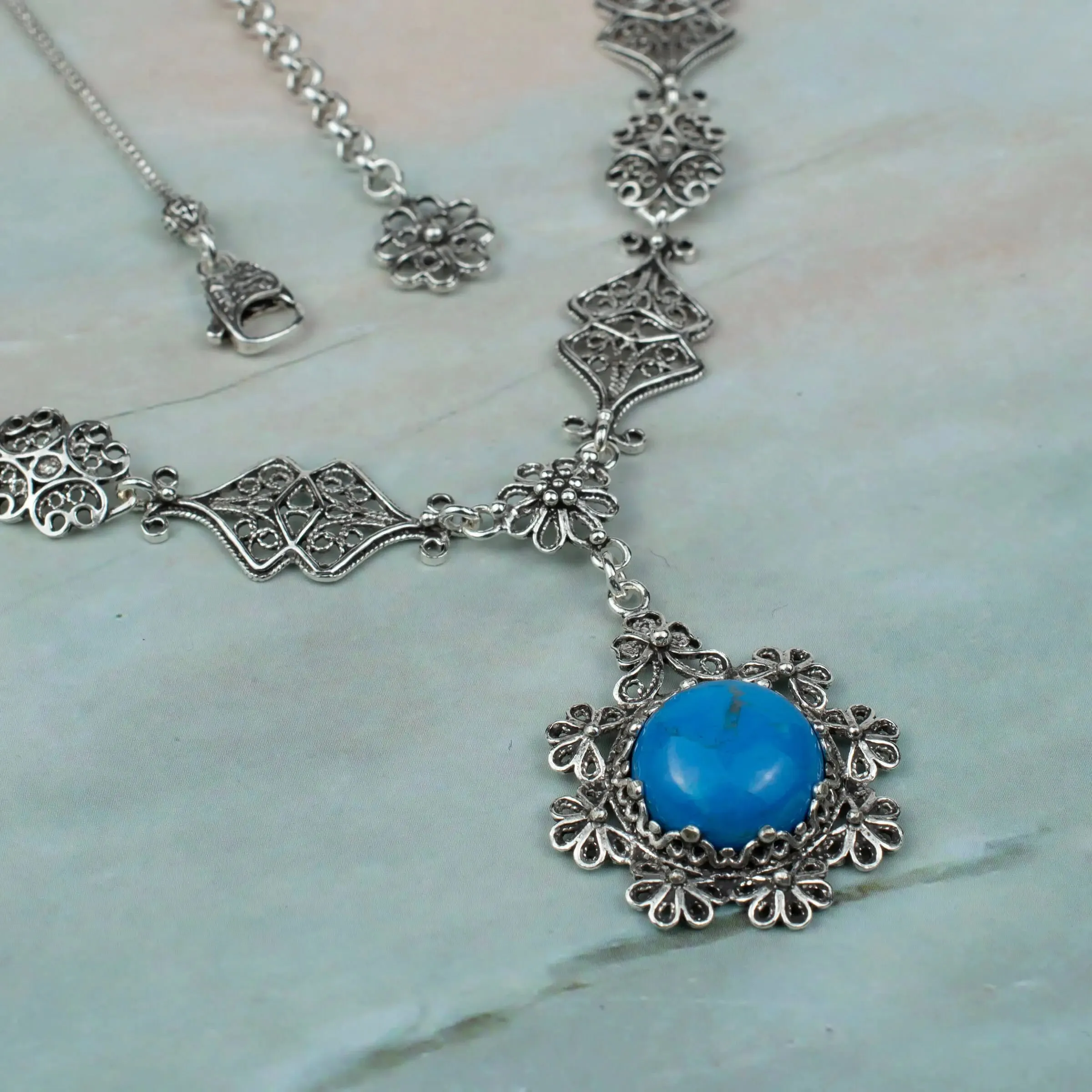 Filigree Art Turquoise Gemstone Women Silver Choker Necklace