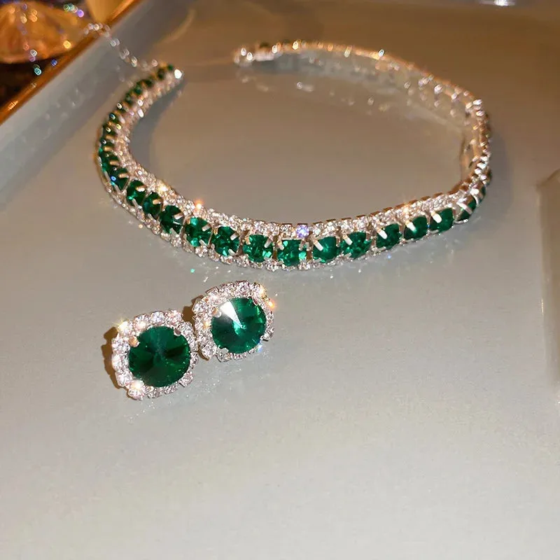 FYUAN Green Crystal Necklace and Earrings Set