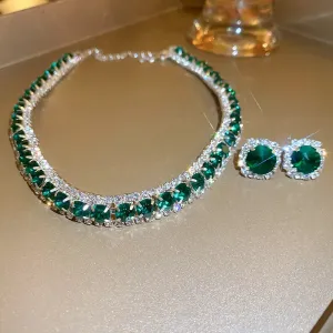 FYUAN Green Crystal Necklace and Earrings Set