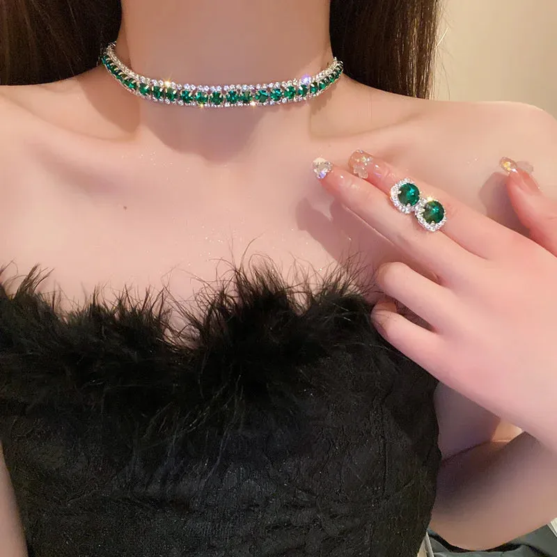 FYUAN Green Crystal Necklace and Earrings Set