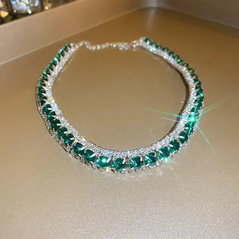 FYUAN Green Crystal Necklace and Earrings Set