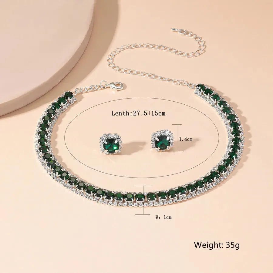 FYUAN Green Crystal Necklace and Earrings Set