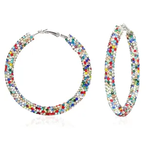 Glittering Extra Large White Colorful Firecracker Rhinestone Hoop Earrings