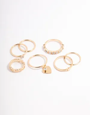 Gold Diamante & Heart Charm Ring Pack