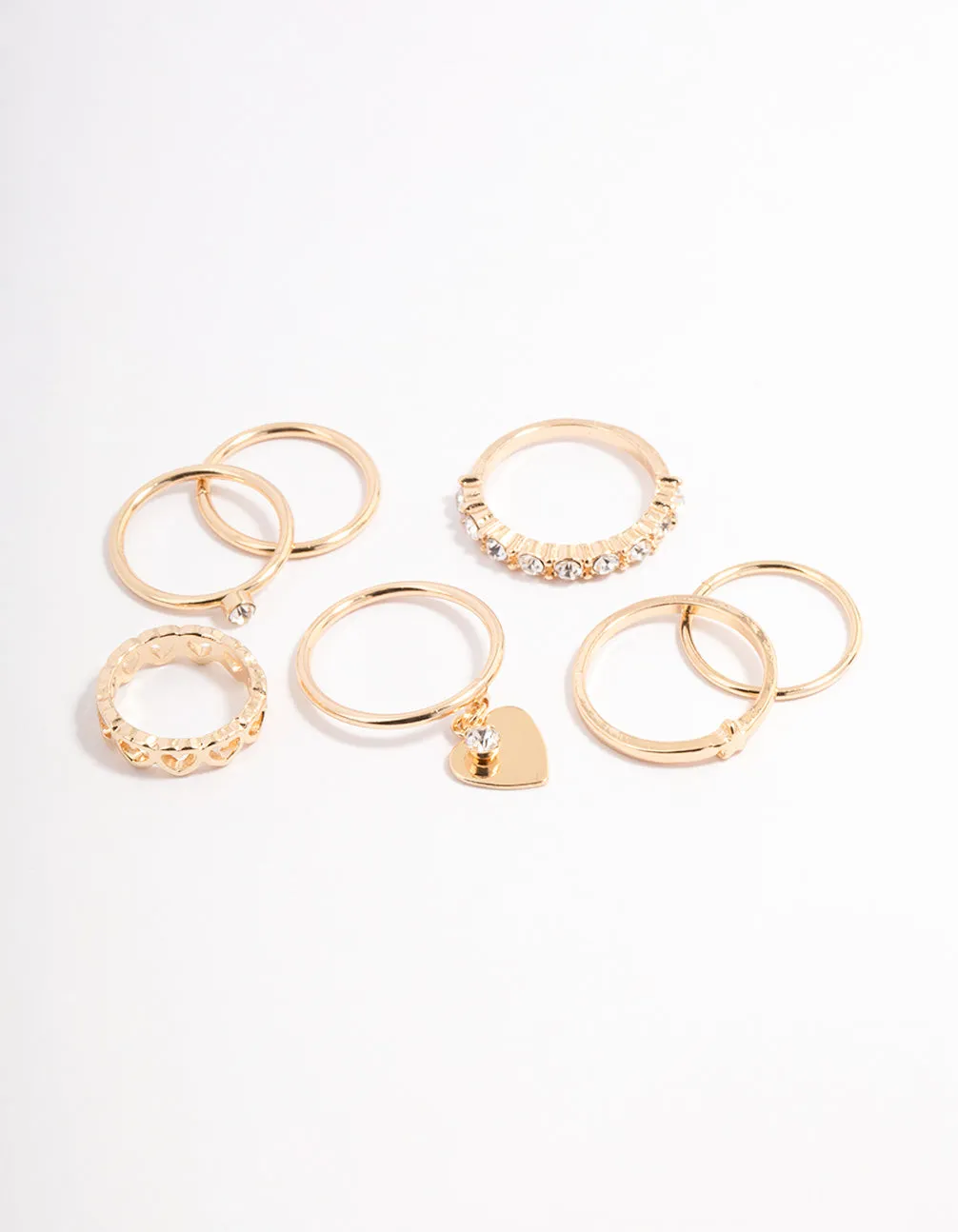 Gold Diamante & Heart Charm Ring Pack