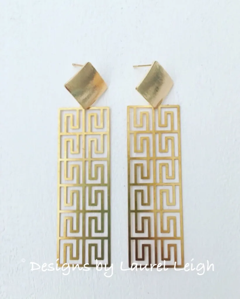 Gold Geometric Greek Key Post Earrings