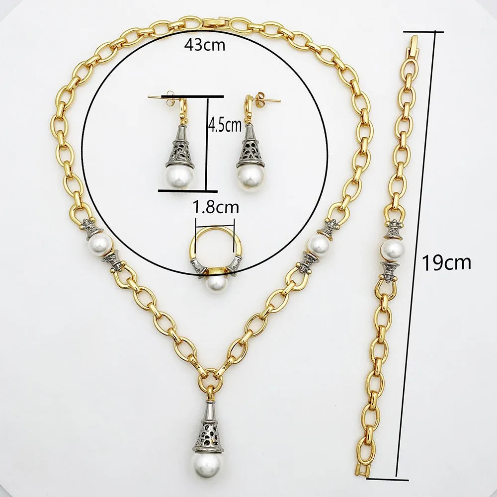 Gold Plated Jewelry Sets Imitation Pearl Necklaces Earrings Charm Bracelet Wedding  Jewelry