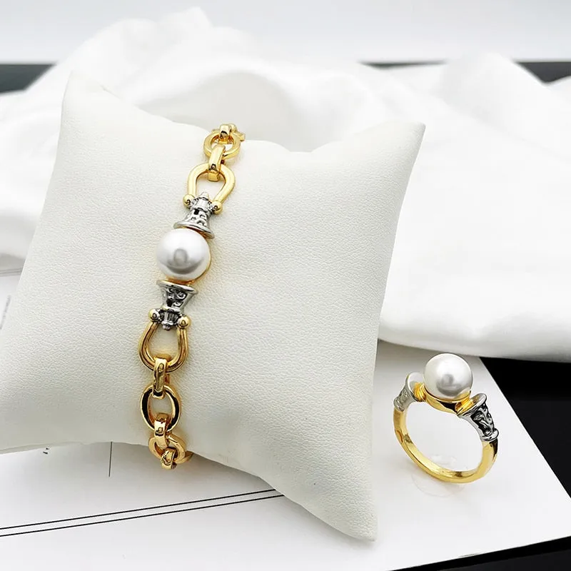 Gold Plated Jewelry Sets Imitation Pearl Necklaces Earrings Charm Bracelet Wedding  Jewelry