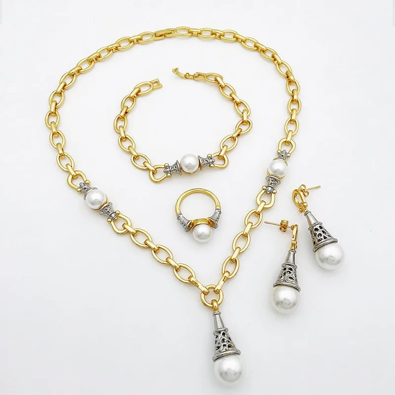 Gold Plated Jewelry Sets Imitation Pearl Necklaces Earrings Charm Bracelet Wedding  Jewelry