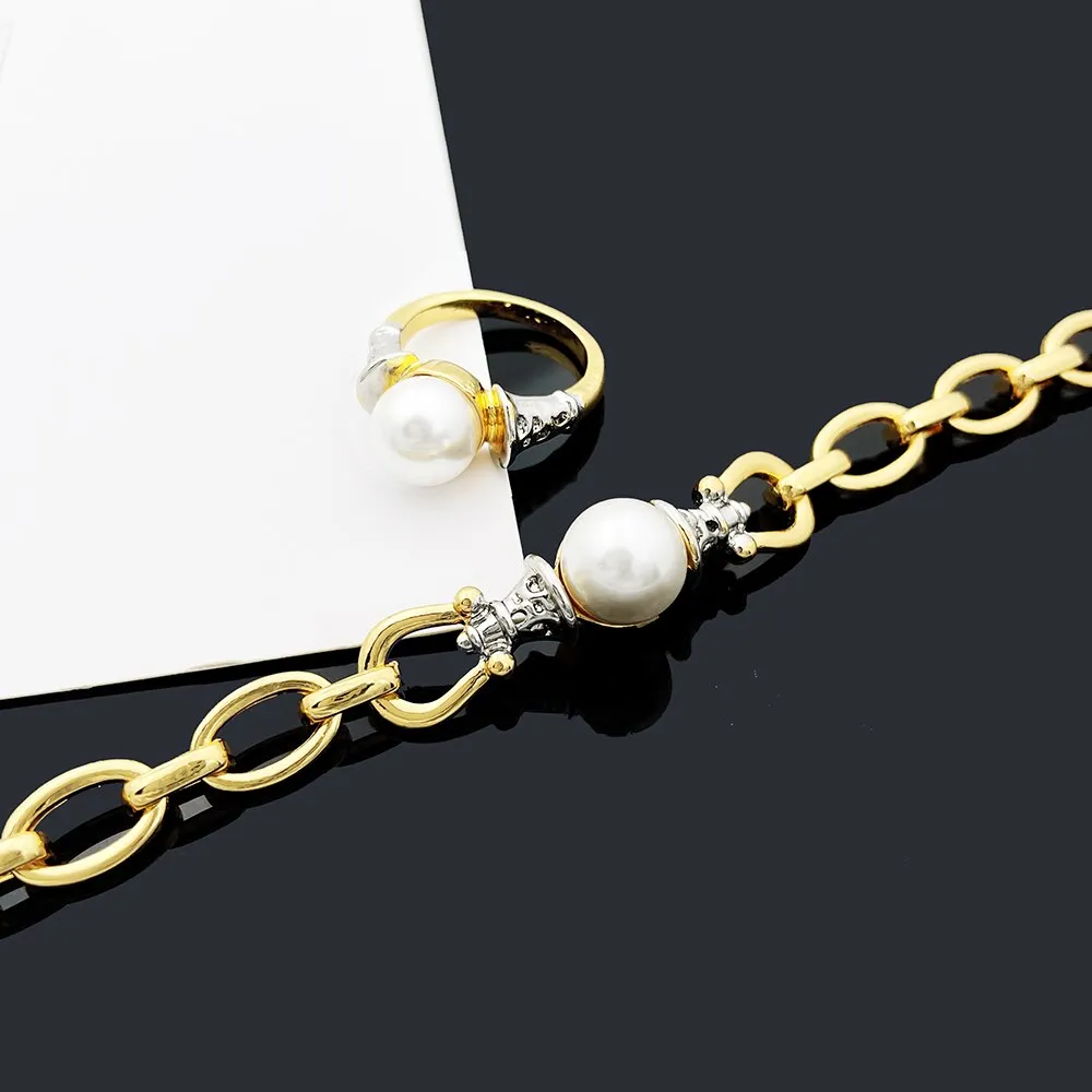 Gold Plated Jewelry Sets Imitation Pearl Necklaces Earrings Charm Bracelet Wedding  Jewelry