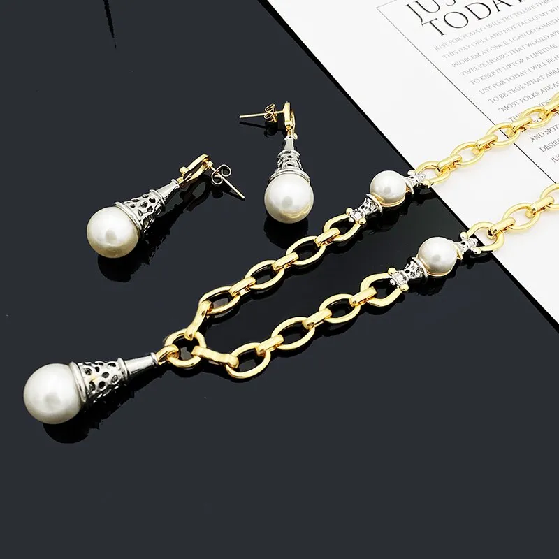 Gold Plated Jewelry Sets Imitation Pearl Necklaces Earrings Charm Bracelet Wedding  Jewelry