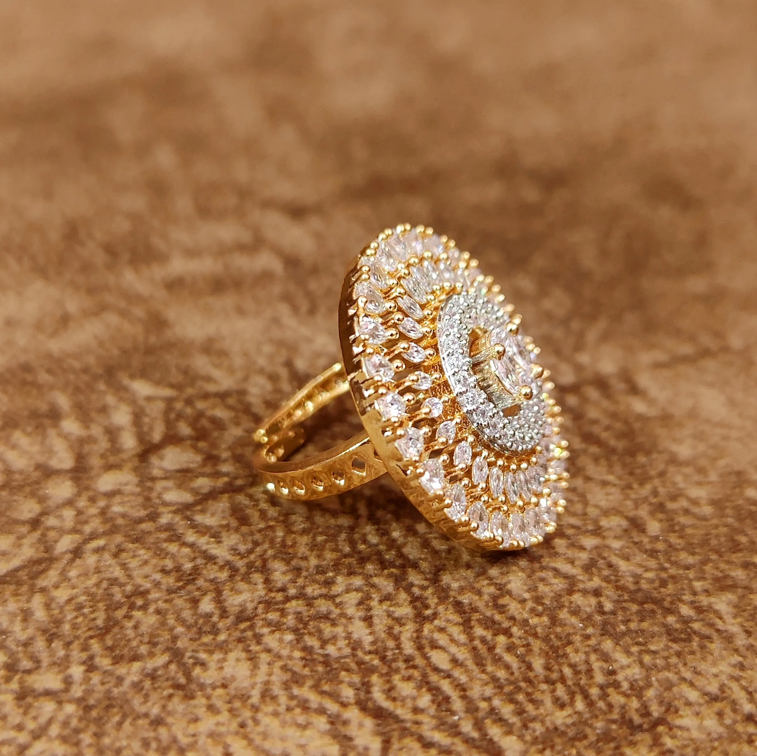 GOLD RHODIUM DIAMOND LOOK ADJUSTABLE RING