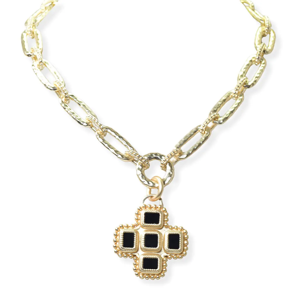 Gold/Black 14K Gold Plated, Cross Charm Designer Inspired Toggle Necklace