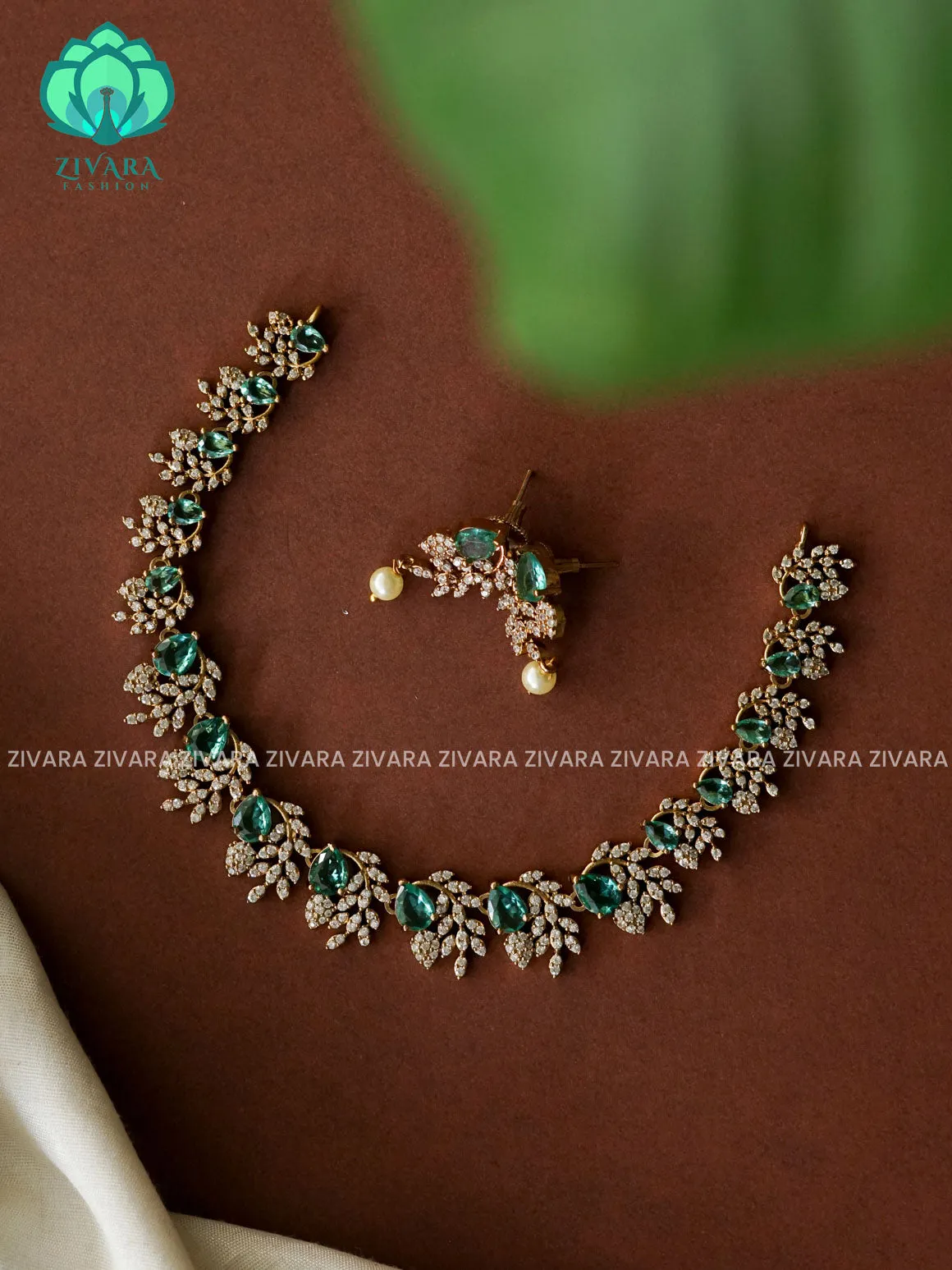 GREEN - TEAR AND LEAF CLUSTER- SUBTLE GOLD POLISH stylish and minimal elegant neckwear with earrings- Zivara Fashion