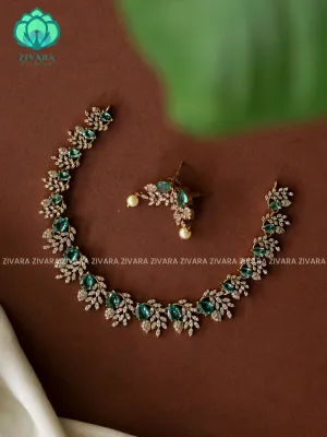GREEN - TEAR AND LEAF CLUSTER- SUBTLE GOLD POLISH stylish and minimal elegant neckwear with earrings- Zivara Fashion