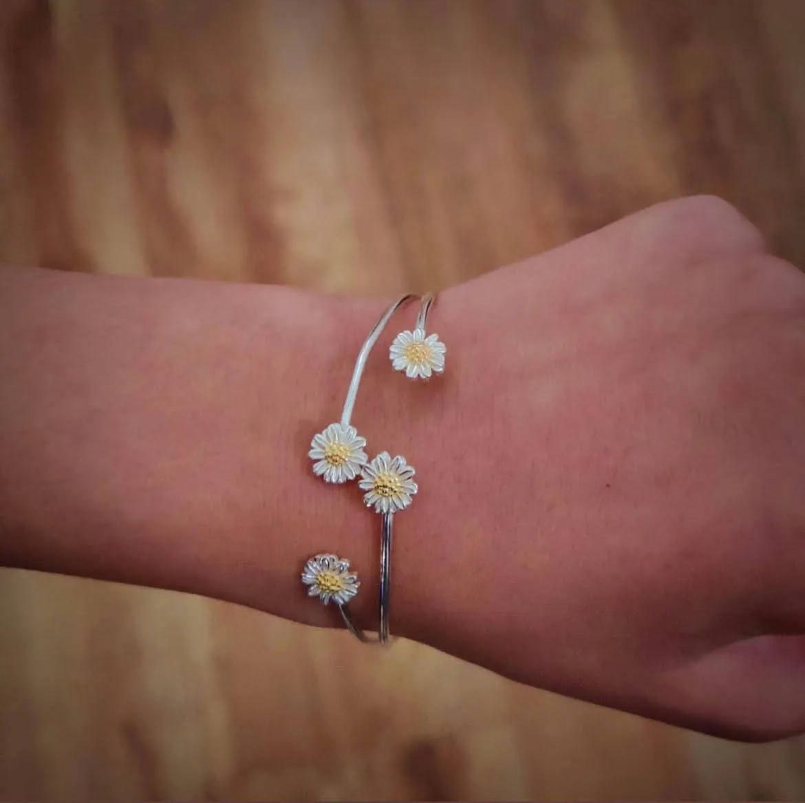 Handmade Sterling Silver Bangle with Four Daisies