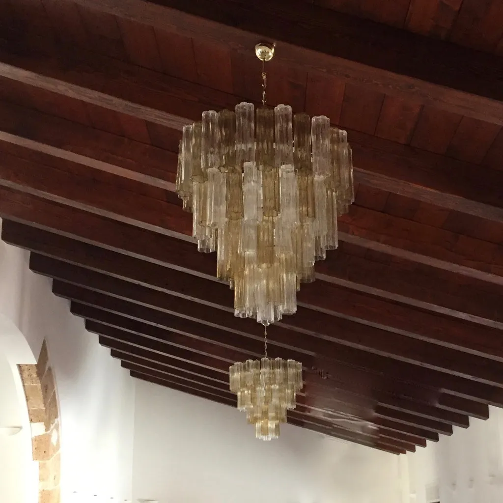 Italian Contemporary Amber & Crystal Clear Murano Glass Tronchi Star Chandelier