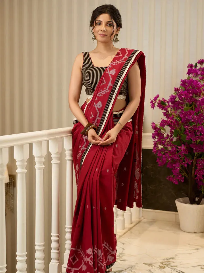 Jamdani saree in regal red with intricate motifs and lace borders