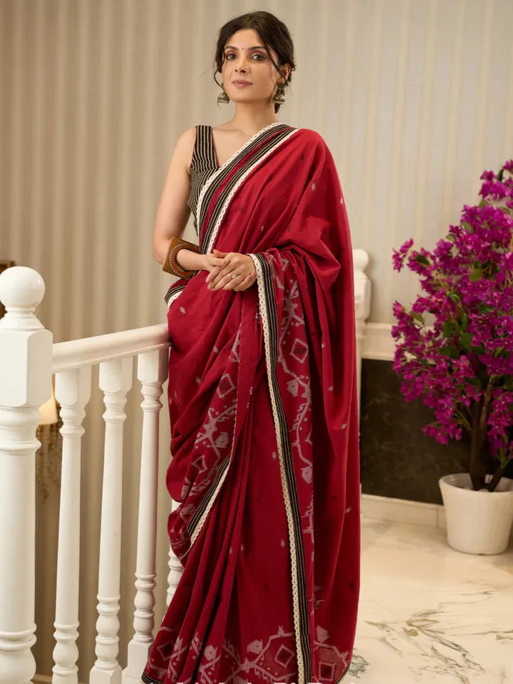 Jamdani saree in regal red with intricate motifs and lace borders