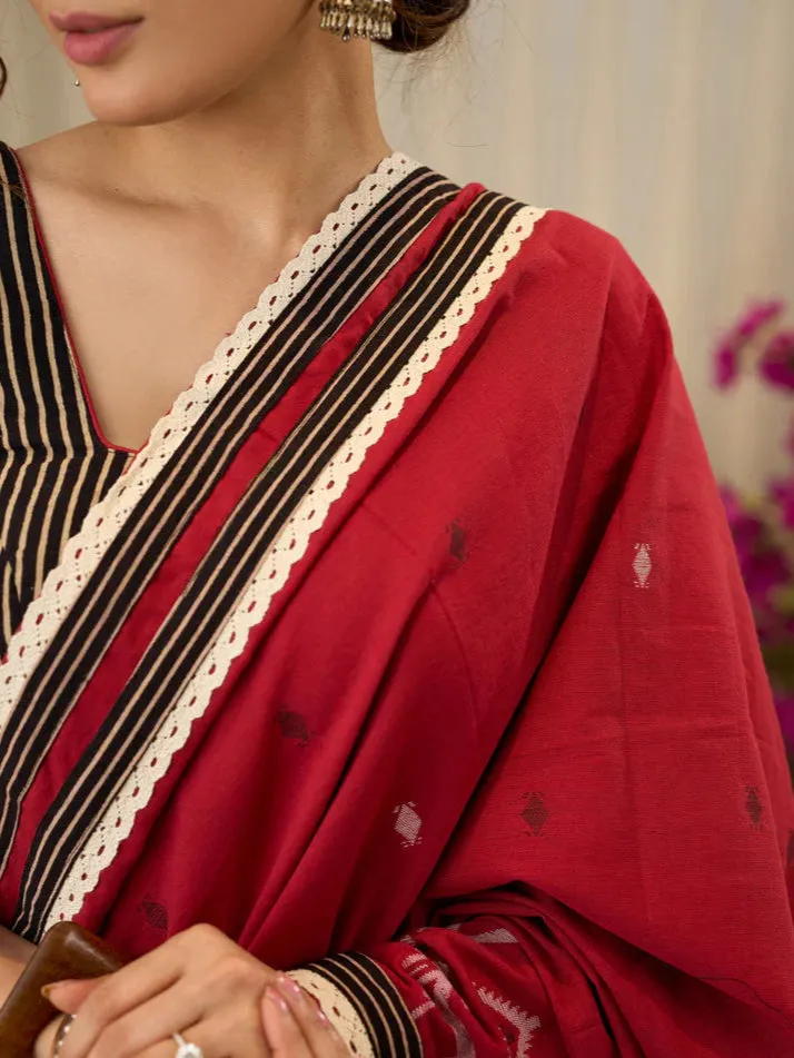 Jamdani saree in regal red with intricate motifs and lace borders