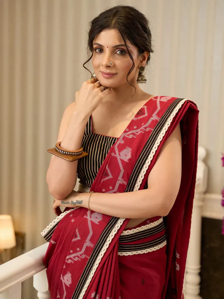 Jamdani saree in regal red with intricate motifs and lace borders