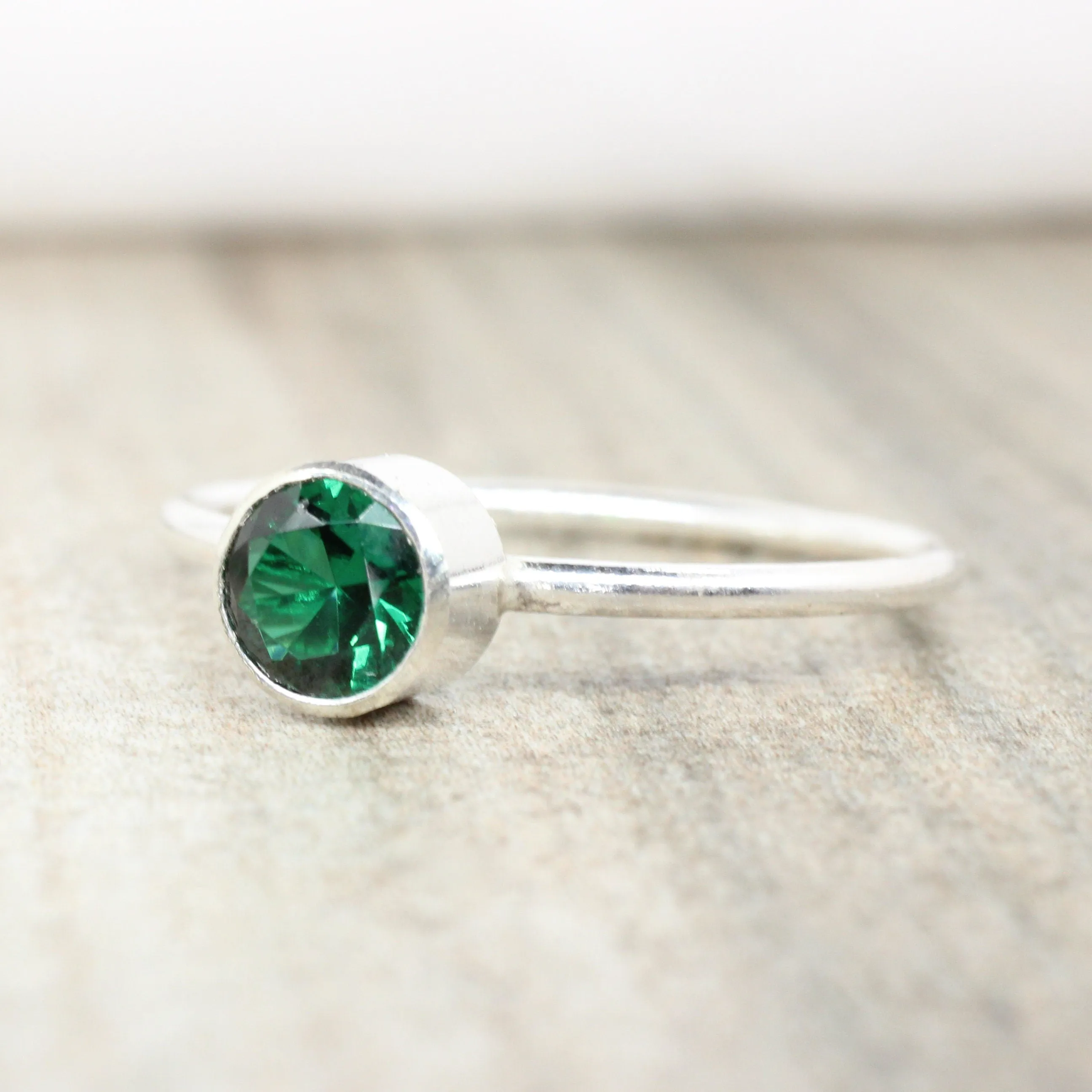 Lab Emerald Stacking Ring in Sterling Silver// 5mm Faceted Gemstone May Birthstone