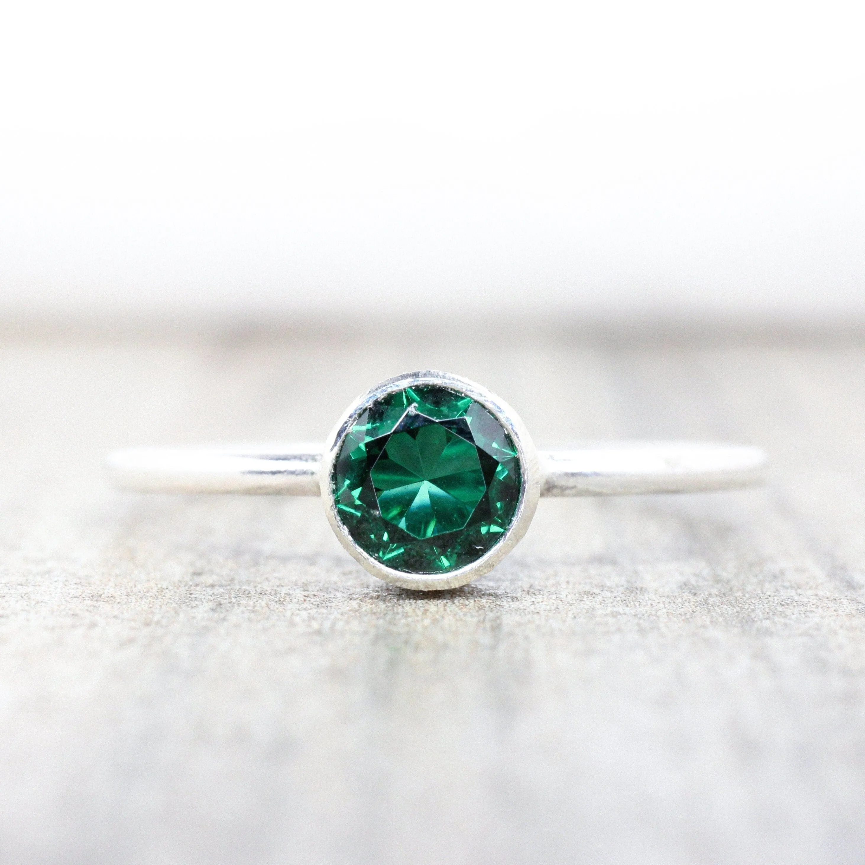 Lab Emerald Stacking Ring in Sterling Silver// 5mm Faceted Gemstone May Birthstone