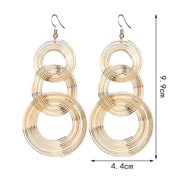 Large Gold Triple Multilayered Ring Dangling Earrings