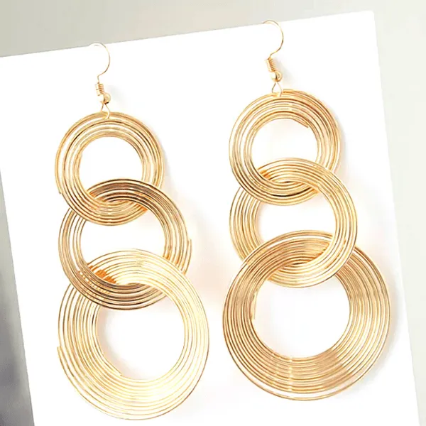 Large Gold Triple Multilayered Ring Dangling Earrings
