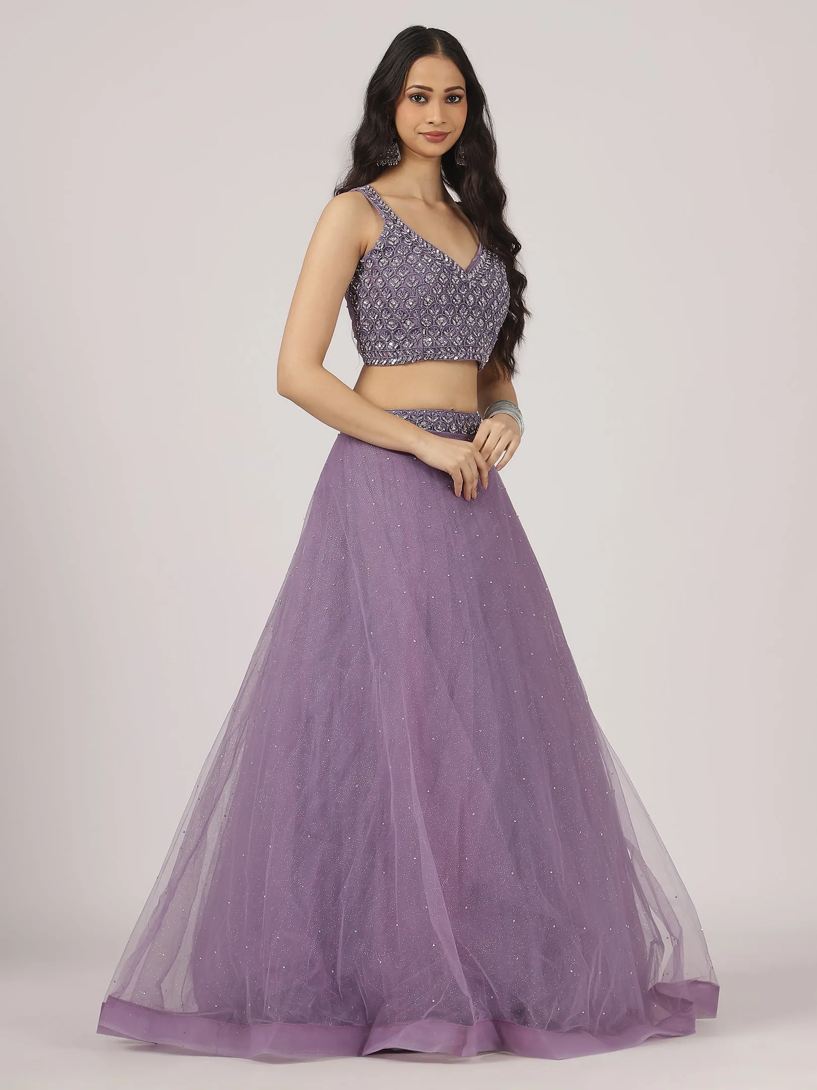 Lavender Net Lehenga with Intricate Sequin & Embroidery Work