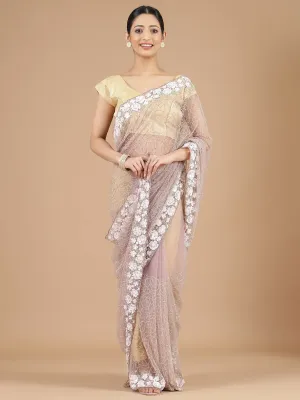 Lilac Netted Saree with Intricate Floral Beads Work