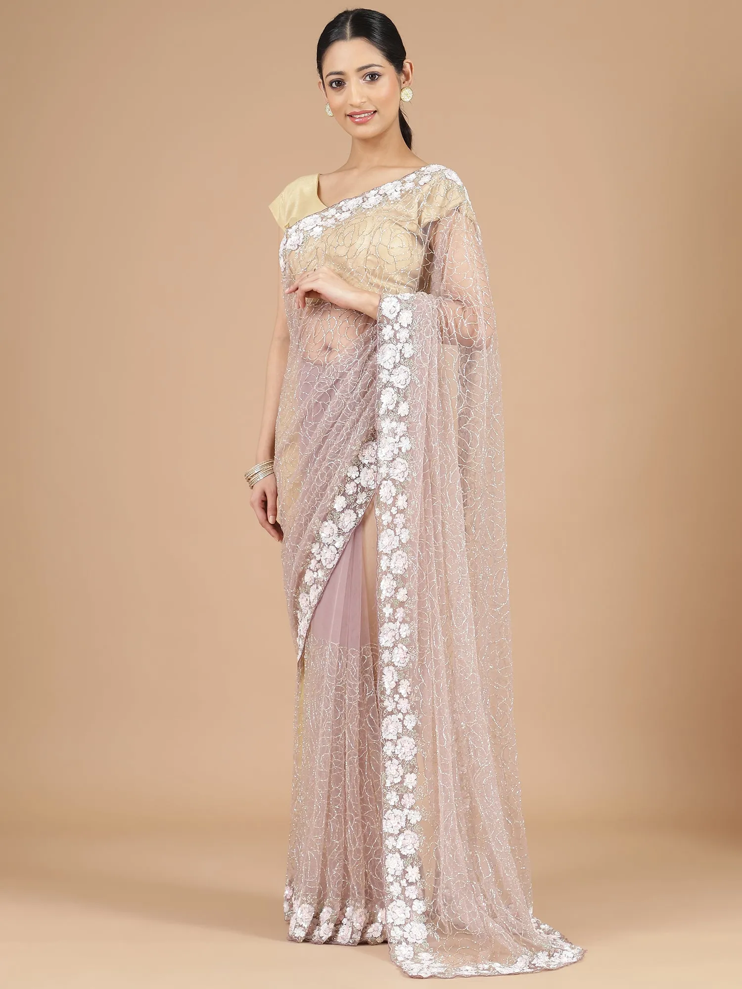 Lilac Netted Saree with Intricate Floral Beads Work