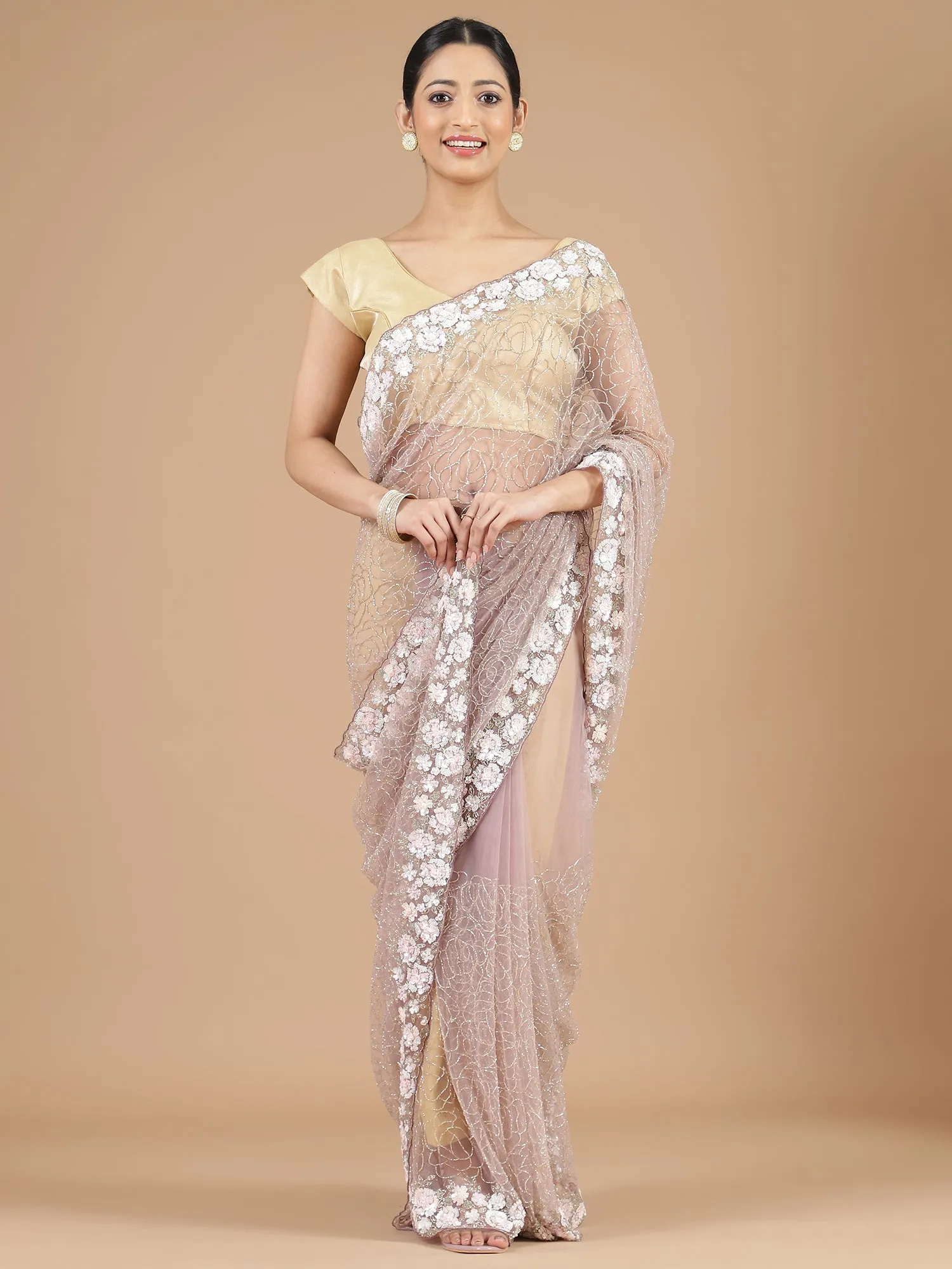 Lilac Netted Saree with Intricate Floral Beads Work