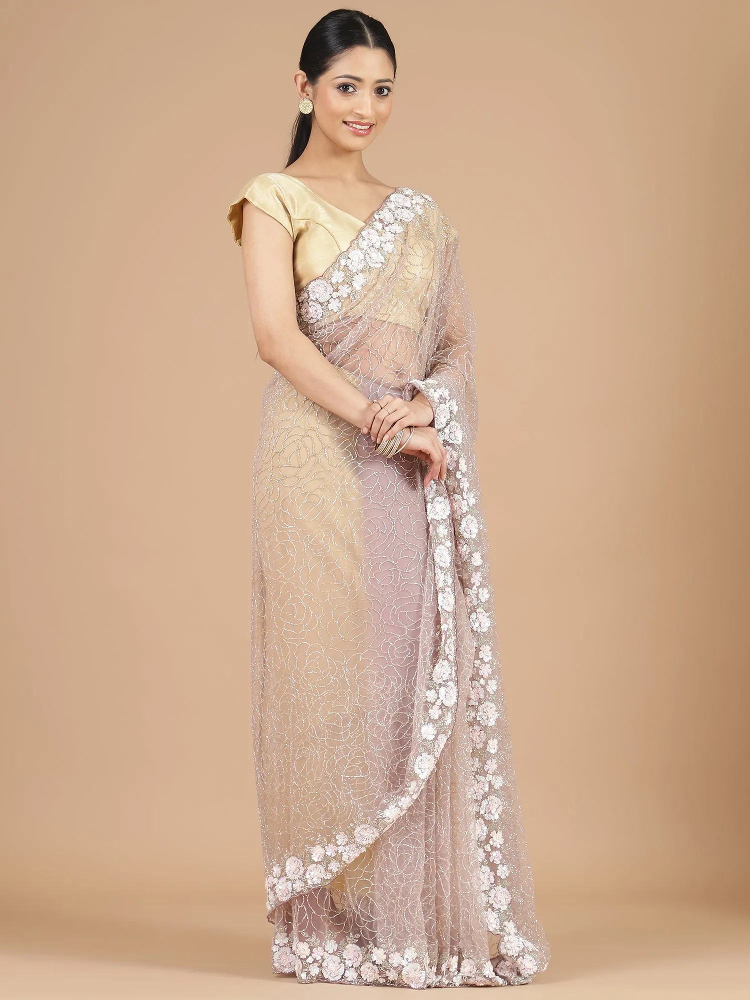 Lilac Netted Saree with Intricate Floral Beads Work