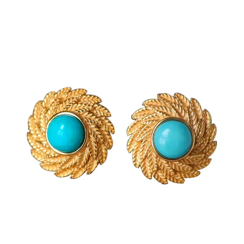 LOVCIA Elegant Women's Natural Green Turquoise Silver Stud Earrings